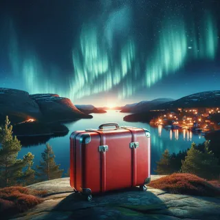 красный туристический чемодан, реалистичный кинематографический стиль, ночной пейзаж Швеции с северным сиянием