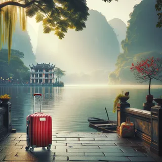 Изображение (не иллюстрация) только в очень реалистичном кинематографическом стиле. На изображении должен присутстовать красный туристический чемодан на колесиках. На изображении не должно быть людей.. Тема изображения: Озеро возвращённого меча (Озеро Хоан Кием), Вьетнам, Ханой