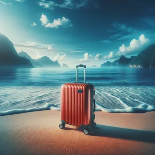 Очень реалистичное изображение красного туристического чемодана на колесиках, стоящего на песчаном берегу с фоном синего океана, кинематографический стиль