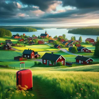 Пейзаж шведской деревни с красным туристическим чемоданом на колесиках среди зеленых лугов