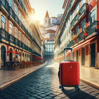 Портретный вид улицы Лиссабона в солнечный день, с красным туристическим чемоданом на колесиках на фоне городского пейзажа, кинематографично