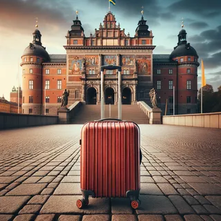 Красный туристический чемодан на фоне шведского музея искусств в Стокгольме, снято в реалистичном кинематографическом стиле, без людей на изображении