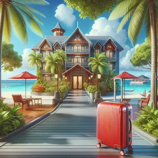 Фасады бюджетного и роскошного отелей на Сейшельских островах. Красный туристический чемодан стоит у входа в один из отелей, на заднем плане пляж с пальмами и океаном.