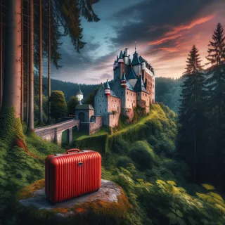 Живописный средневековый замок в окружении густого леса и красный туристический чемодан на фоне стены