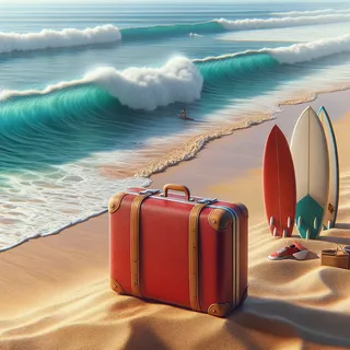 реалистичная фотография пляжа на Бали с красным туристическим чемоданом на песке, рядом серфинг-доски в солнечный день, волны катятся к берегу