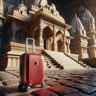 Реалистичное кинематографическое изображение храма в Вриндаване с красным туристическим чемоданом на колесиках