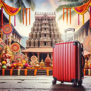 Красный туристический чемодан на фоне древнего храма с храмовой архитектурой в стиле классической южной Индии, красочные уличные декорации на тему фестиваля Онам, ритуальные украшения, цветочные горки и традиционные индийские фонари