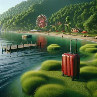 Реалистичный кинематографический вид на спокойное море с лужайкой, на которой стоит красный туристический чемодан на колесиках, рядом с водными аттракционами, пляжной зоной и плотными зелеными зарослями на заднем плане.