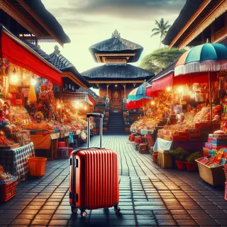 Кинематографический стиль, туристический красный чемодан на колесиках стоит перед колоритным балийским рынком, переполненным яркими товарами и сувенирами, без людей