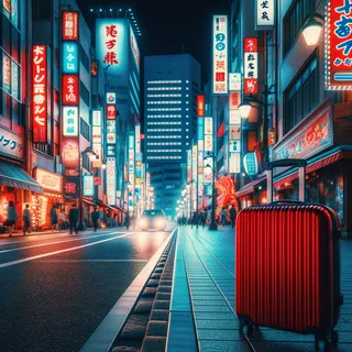 Кинематографический вид улицы Дотонбори ночью с неоновыми огнями и красным туристическим чемоданом на тротуаре