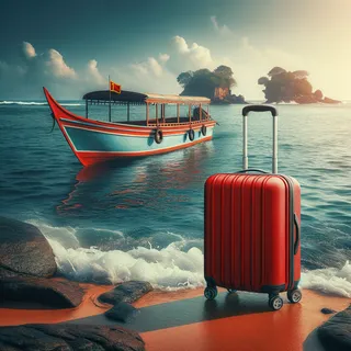 Очень реалистичное изображение в кинематографическом стиле с красным туристическим чемоданом на колесиках на фоне катера в бухте Велигамы, идущего в открытое море