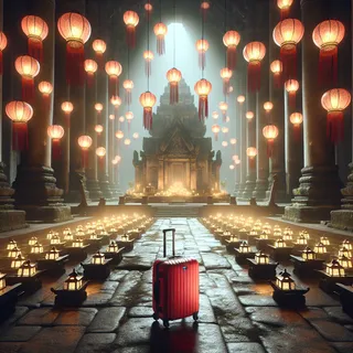 максимально реалистичное кинематографическое изображение церемонии, в котором на переднем плане красный туристический чемодан на колесиках, остальная часть сцены изображает культовое место с древними храмами и плавающими светильниками. Без людей