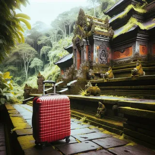 Красный чемодан стоит у древней каменной стены балийского храма в джунглях на заднем плане