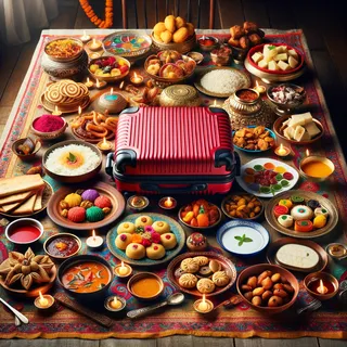 Широкий стол, уставленный традиционными индийскими блюдами и сладостями для праздника Дивали; в центре красный туристический чемодан
