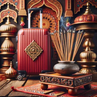 Культовые ароматические палочки на деревянной подставке, окруженные традиционными индийскими элементами, на фоне красного туристического чемодана на колесиках