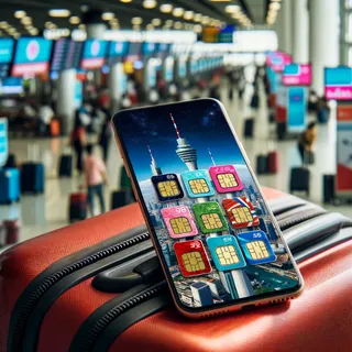 Крупный план мобильных телефонов с яркими изображениями SIM-карт различных операторов связи на фоне красного чемодана на колесах в аэропорту Бангкока