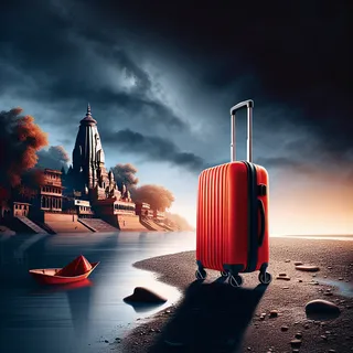 На фоне темнеющего неба река Ганга, рядом с которой стоит ярко-красный туристический чемодан на колесиках.