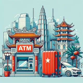 На фоне изображены элементы Вьетнамского городского пейзажа, банкомат и красный туристический чемодан на колесиках