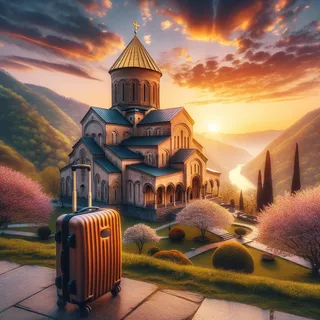 Туристический чемодан на колесиках стоит у подножия величественной грузинской церкви с золотым куполом на фоне яркого заката, окруженная цветущими деревьями и зелеными горами