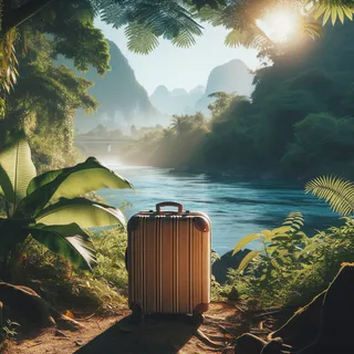 Туристический чемодан у тропического леса, залитого мягким солнечным светом, с видимыми на заднем плане горами и рекой