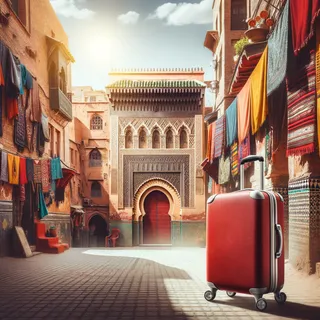Кинематографический стиль, красный чемодан на колесах на фоне марокканского города, наполненного колоритом местной архитектуры, под палящим солнцем. 