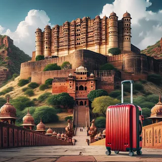 Величественная крепость с высокими стенами и башнями на фоне голубого неба, в окружении холмов; красный туристический чемодан на колесиках стоит у входа в Мехрангарх