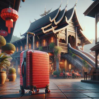 Изображение (не иллюстрация) только в очень реалистичном кинематографическом стиле. На изображении должен присутстовать красный туристический чемодан на колесиках. На изображении не должно быть людей.. Тема изображения: Необычные достопримечательности Чиангмая: куда сходить, кроме старого города