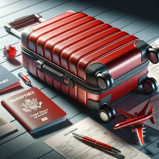 Реалистичная фотография документы, включая красный туристический чемодан на колесиках