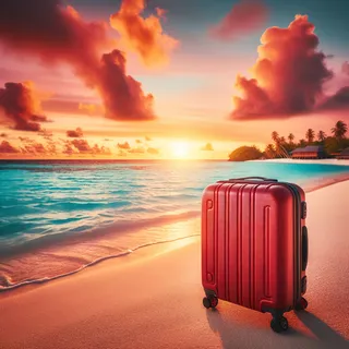 Закат на тропическом острове с видом на бирюзовое море и красный туристический чемодан на красивом песчаном пляже
