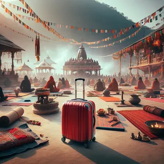 Изображение (не иллюстрация) только в очень реалистичном кинематографическом стиле. На изображении должен присутстовать красный туристический чемодан на колесиках. На изображении не должно быть людей.. Тема изображения: Йога фестиваль в Ришикеше