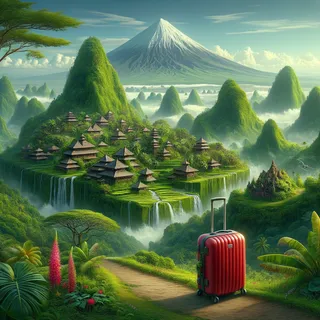 Фантастический пейзаж Бали на фоне зеленых джунглей и вулканических вершин, на переднем плане красный туристический чемодан
