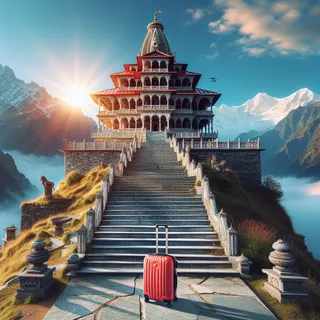 Изображение величественного храма Сурканда Деви в Гималаях с красным туристическим чемоданом на колесиках, стоящим на переднем плане у подножия лестницы; ясное голубое небо и горы на заднем плане