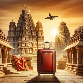Реалистичное изображение красного туристического чемодана на колесиках на фоне древних храмов Хампи, Индия