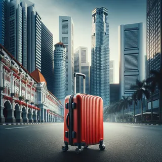 Изображение, на котором крупным планом красный туристический чемодан с колесиками стоит на фоне городской улицы Сингапура, окруженной современными и высокими зданиями. Сцена выглядит кинематографично и реалистично, каждый элемент архитектуры детально проработан, четкость и контрастность изображения подчеркнуты.