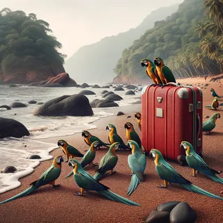 Флотилия парсов прибывает на Индийский берег, рядом с красным туристическим чемоданом на каменистом пляже, реалистичное кинематографическое изображение