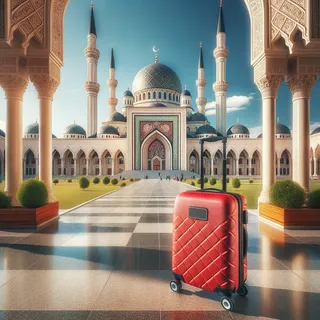 На фоне величественной мечети Джама Масджид достоинство выделяется красный туристический чемодан на колесиках, стоящий у входа в зеленый, ухоженный двор мечети