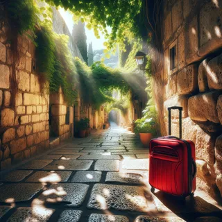 Залитая солнцем аллея с древними каменными стенами и красным туристическим чемоданом на переднем плане
