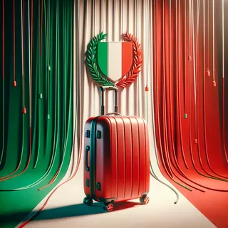 Изображение (не иллюстрация) только в очень реалистичном кинематографическом стиле. На изображении должен присутстовать красный туристический чемодан на колесиках. На изображении не должно быть людей.. Тема изображения: Флаг Италии: Символика, история и современное использование