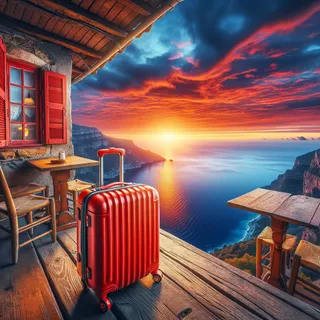 Открывшаяся с высоты старого кафе удивительная панорама с видом на синий океан и красный туристический чемодан на колесиках, стоящий на фоне захватывающего заката