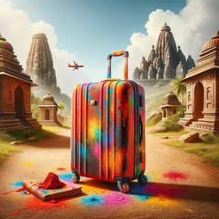 Реалистическое изображение красного туристического чемодана на колесиках, залитого разноцветными красками Холи, лежащего на земле на фоне индийского пейзажа с древними храмами и ярким синим небом