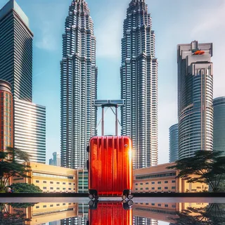 Красный чемодан стоит у подножия башен Петронас и отражается в блестящих стеклянных фасадах на фоне синего неба и зелени города.