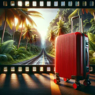 Фотография красного туристического чемодана на колесиках на фоне тропического леса в стиле кинематографа