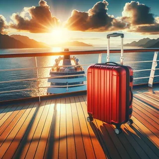 Фотография красного туристического чемодана на фоне океана, стоящего на палубе роскошного круизного лайнера при закате, с видом на далекие горы и облака