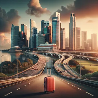 Кинематографический стиль, Сингапур, закат, красный туристический чемодан на колесиках, городской пейзаж, футуристические небоскребы, магистрали, парки, чистые улицы, культура и технологии