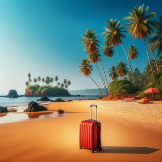 Красивый пляж в Гоа с золотистым песком, окруженный зелёными пальмами, вдалеке небольшие скалистые выступы, ясное голубое небо на заднем плане, и красный туристический чемодан на песке