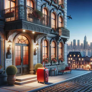 очаровательный гостиничный фасад с красным чемоданом у входа, городская панорама на заднем плане, кинематографический реализм