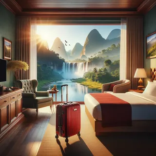 Роскошный номер с видом на живописные горы и водопады, красный туристический чемодан на колесиках у кровати, утреннее солнечное освещение, стильный интерьер отеля в Шри-Ланке, очень реалистичный кинематографический стиль