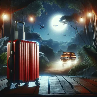 Красный туристический чемодан на колесиках стоит на фоне ночной джунглей, вокруг которого светятся огни сафари. Кинематографический стиль, без людей.
