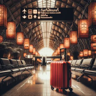 Красный чемодан на колесиках стоит на фоне элегантного интерьера аэропорта с табличками на тайском и английском языках, кинематографический стиль