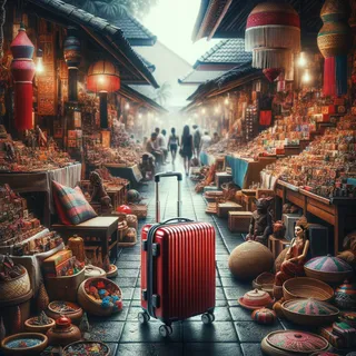 Красный чемодан на колесиках, стоящий рядом с разнообразными сувенирами, на рынке в Бали, реалистичное кинематографическое изображение